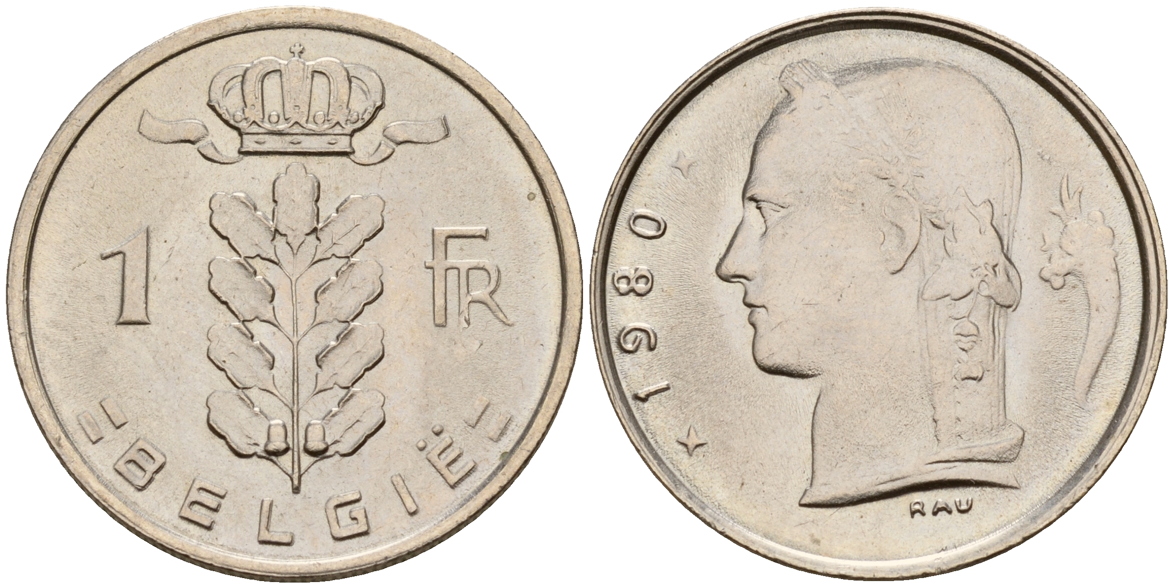 Бельгия 1 франк 1980 Belgie KM 143.1 медно-никель  UNC  4187-215