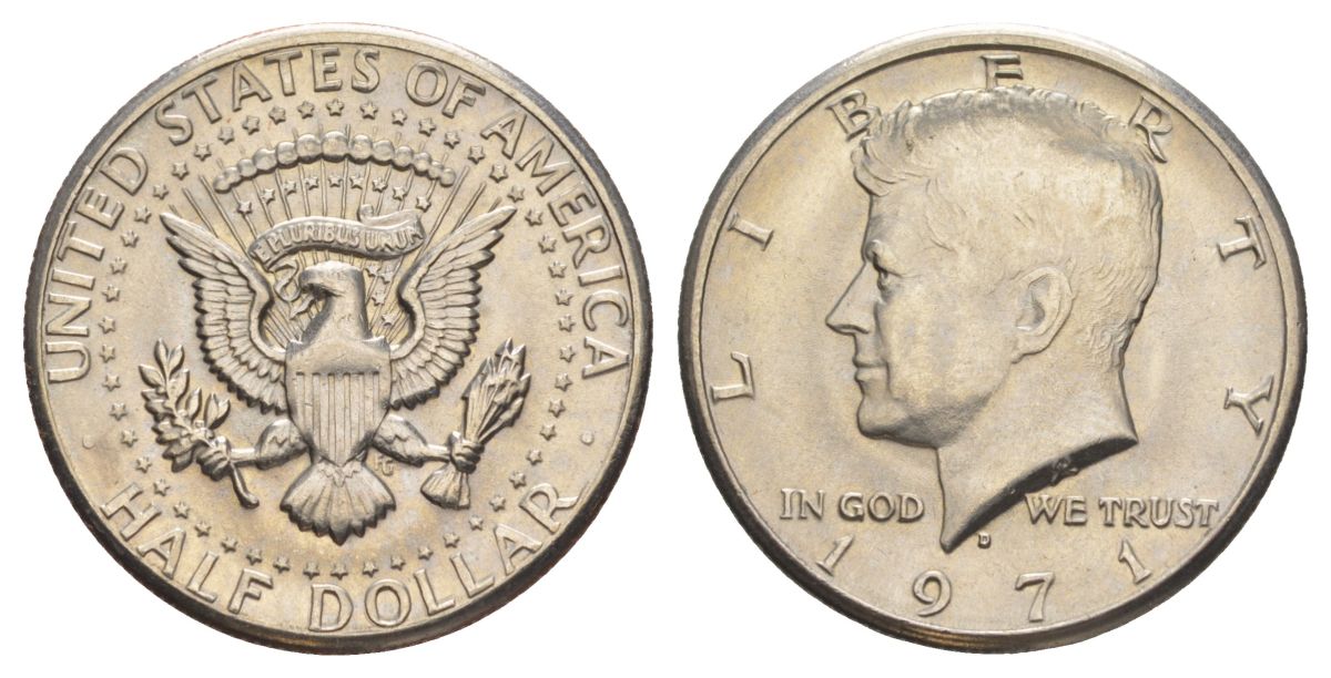 США 1/2 доллара (50 центов) 1971 D, Джон Кеннеди KM 202b медь плакированная медно-никелем aUNC 97-842