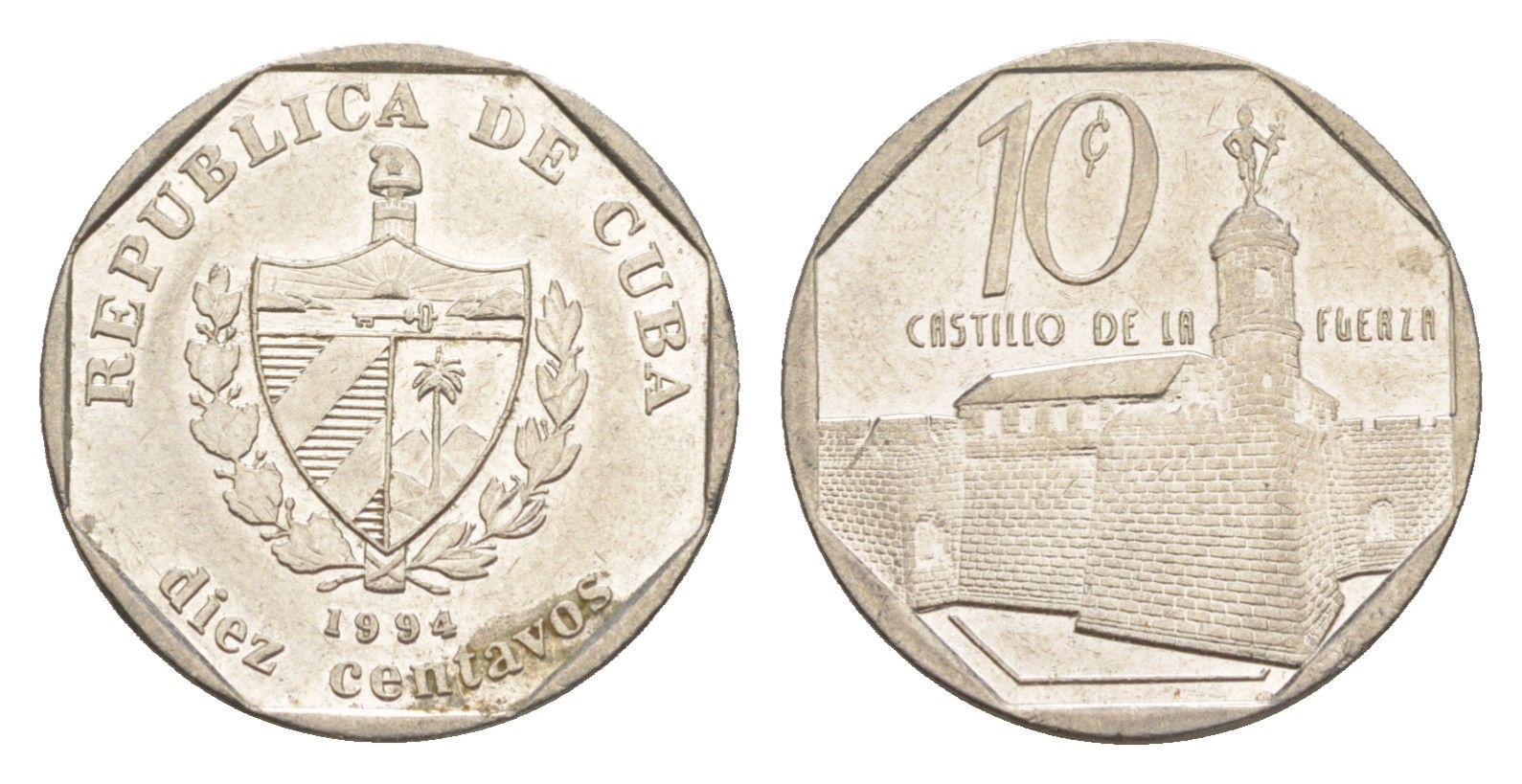 Куба 10 сентаво 1994 форт в Гаване Ла-Фуэрса KM 576.1 сталь плакированная никелем 4644-731