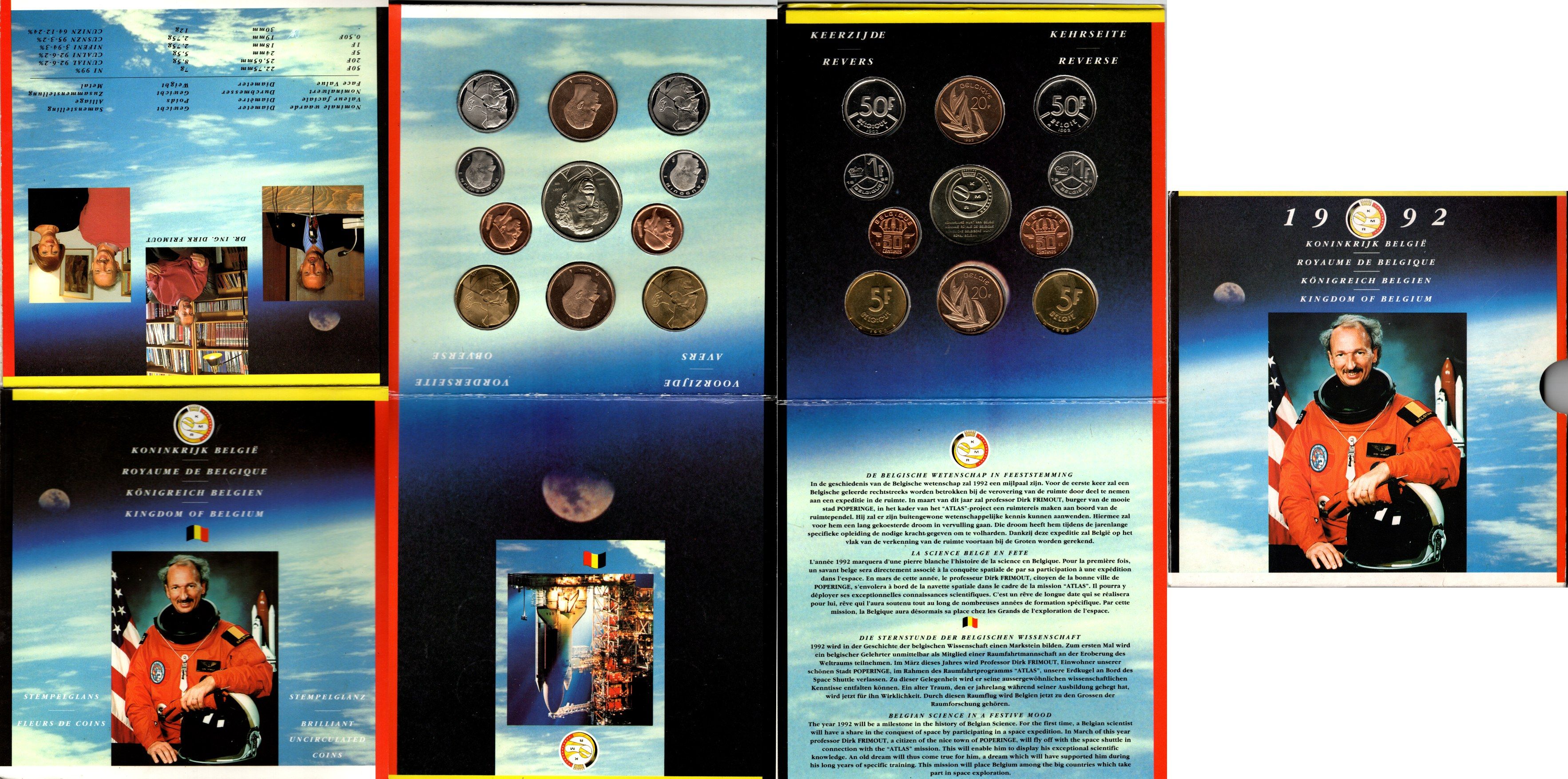 Бельгия набор из 10 монет (50 сантимов; 1, 5, 20 и 50 франков) 1992 в оригинальном буклете, Бельгийский астронавт Дирк Фримаут KM MS5 (148, 149.1, 187, 188, 189, 190, 191, 192, 193 и 194) BU 1-5-3-18