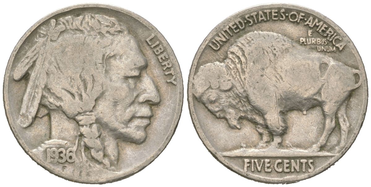 США 5 центов 1936 индеец, бизон KM 134 медно-никель 4614-1234