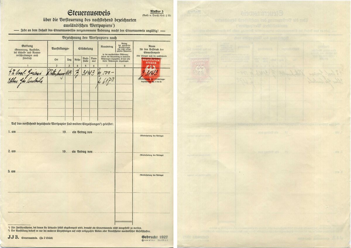 Германия документ об уплате налогов за получение дивидеднов по акциям 1927 бумага 8805-06-1