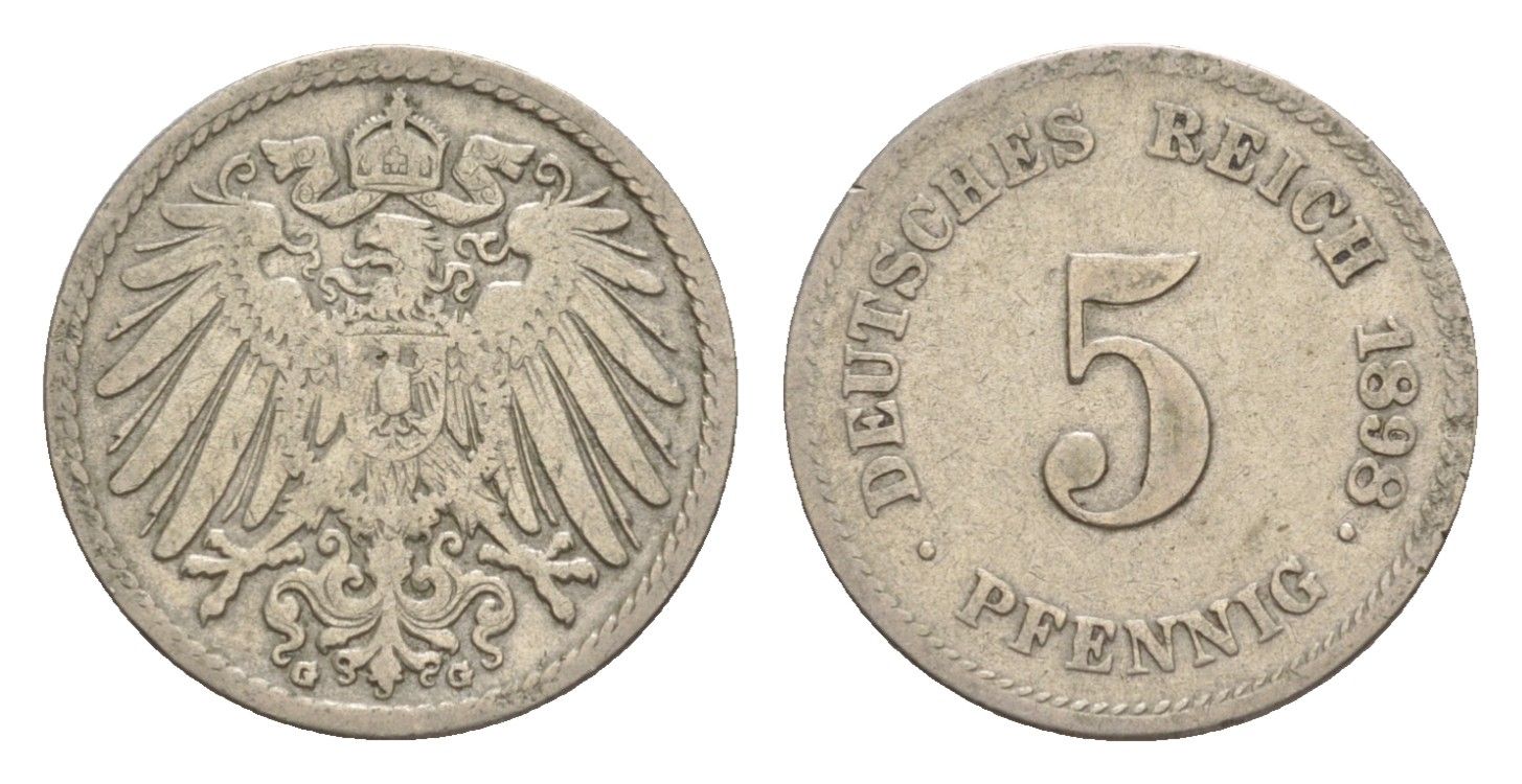 Германия 5 пфеннигов 1898 G, Вильгельм II (1888-1918) KM 11, J. 12 медно-никель 4639-1266