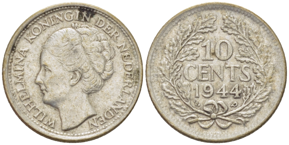 Нидерланды 10 центов 1944 Вильгельмина (1890-1948) KM 163 серебро aUNC 66-1238