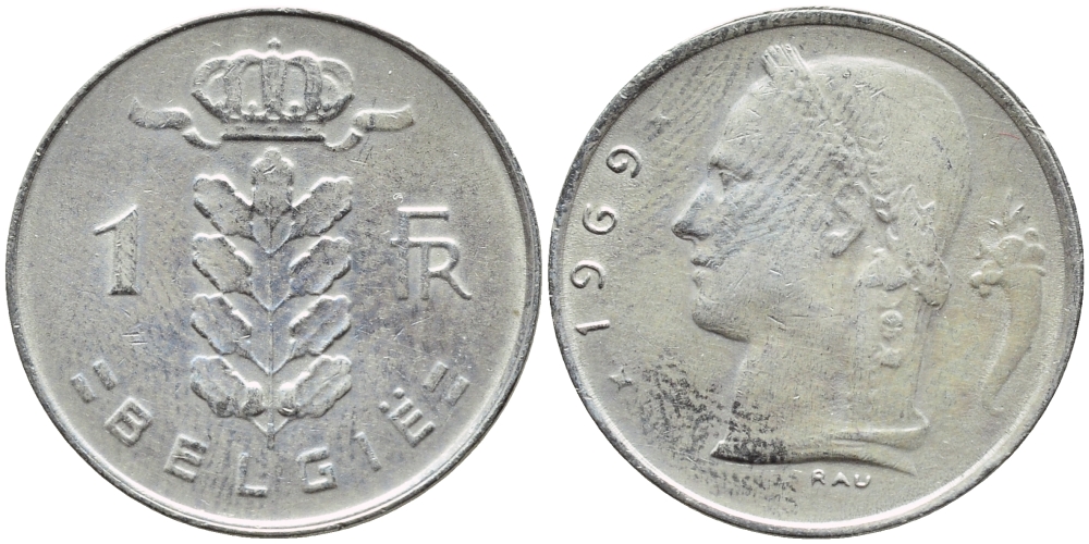 БЕЛЬГИЯ 1 ФРАНК 1969 BELGIE KM 143.1 медно-никель 4388-1221