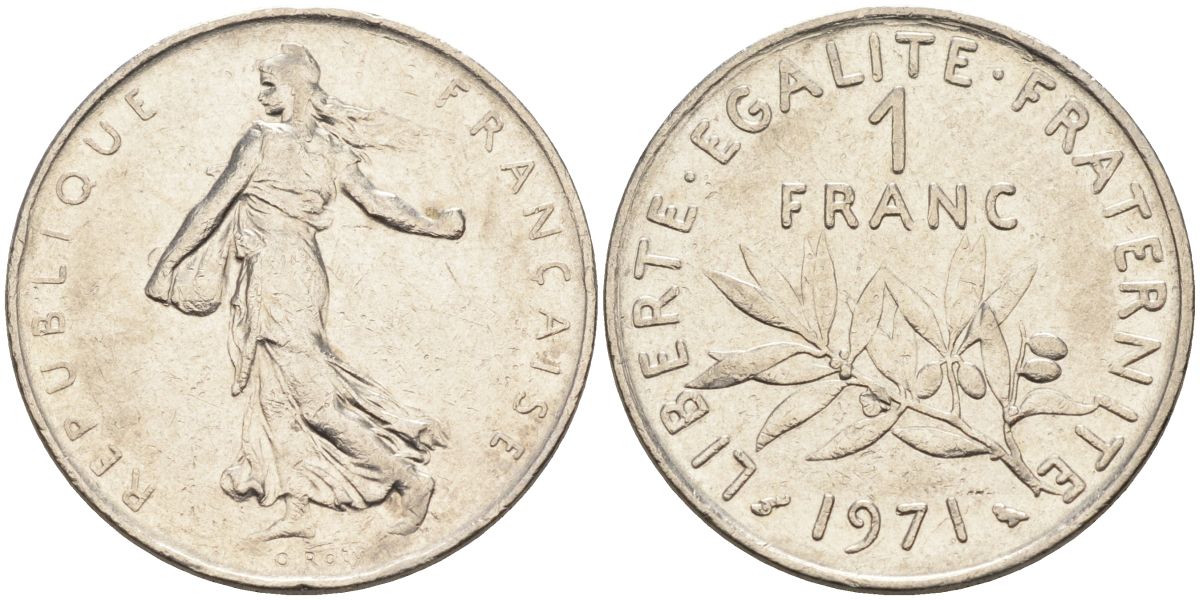 Франция 1 франк 1971 сеятель, тип Semeuse KM 925, Le Franc 226.16 никель 4592-1115