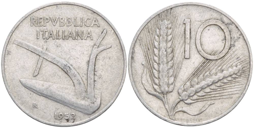 ИТАЛИЯ 10 ЛИР 1952 R, КОЛОСЬЯ, ПЛУГ KM 93 алюминий 4551-152