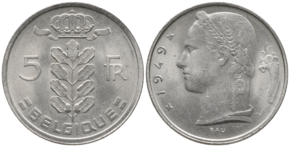 Бельгия 5 франков 1949 Леопольд III (1934-1950), Belgique KM 134.1 медно-никель 34-1137