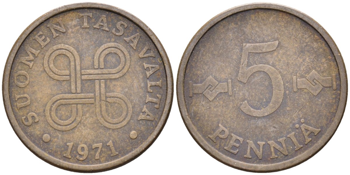 Финляндия 5 пенни 1971 KM 45 медь 4585-924