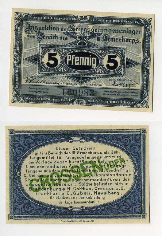Германия 5 пфеннигов 1917 инспекция лагерей военнопленных в Кроссене, III-ий Армейский корпус C-2846 бумага UNC (пресс) 000-00-00