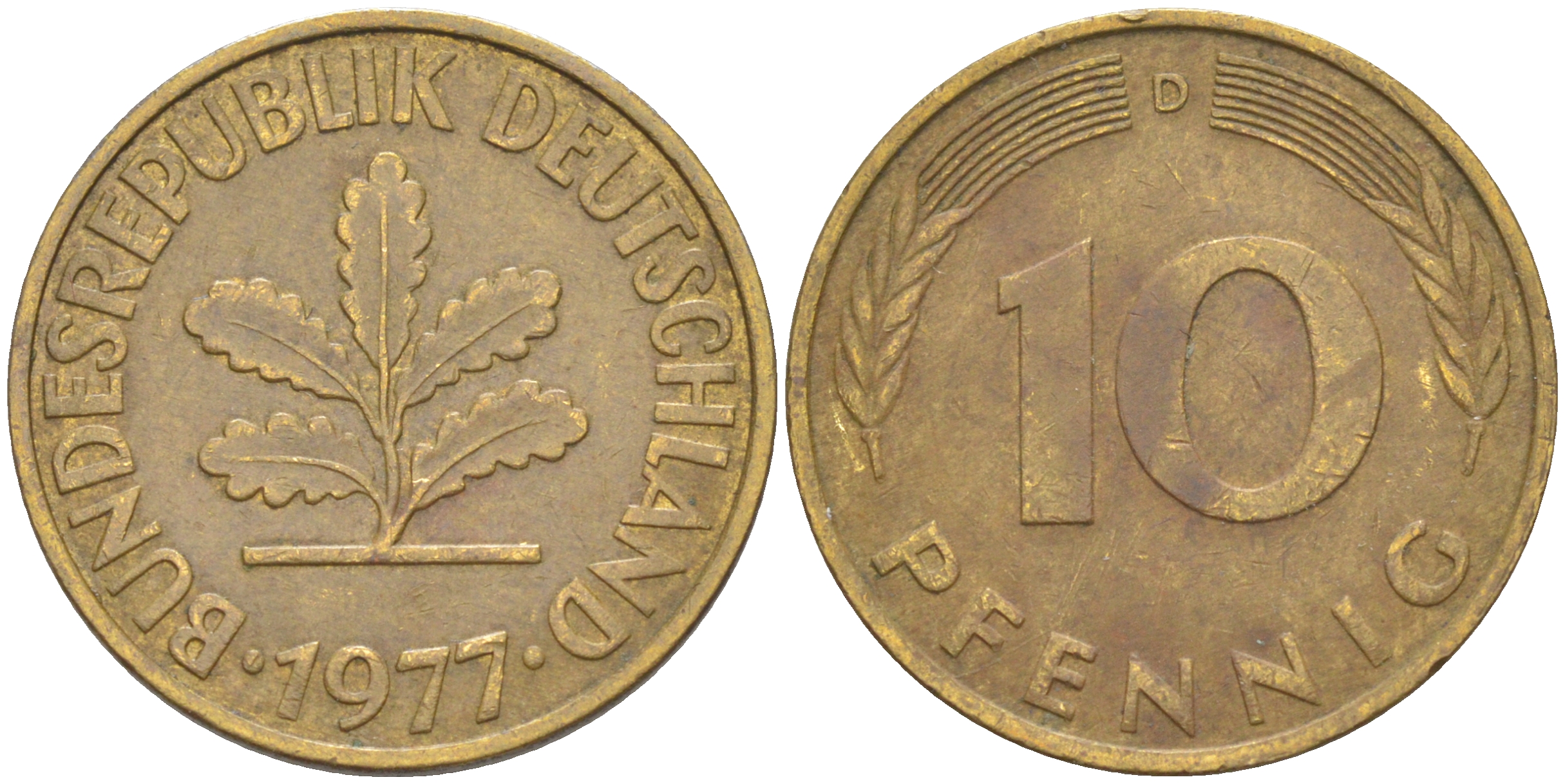 ФРГ 10 пфеннигов 1977 D KM 108, J. 383 сталь плакированная латунью 58-1251