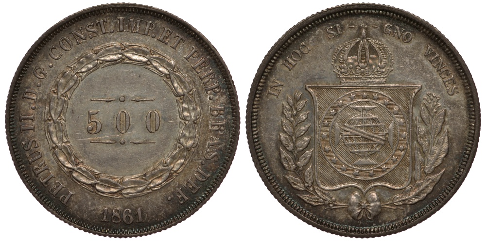 Бразилия 500 рейс 1861 Педро II (1831-1889) KM 464 серебро 272-322