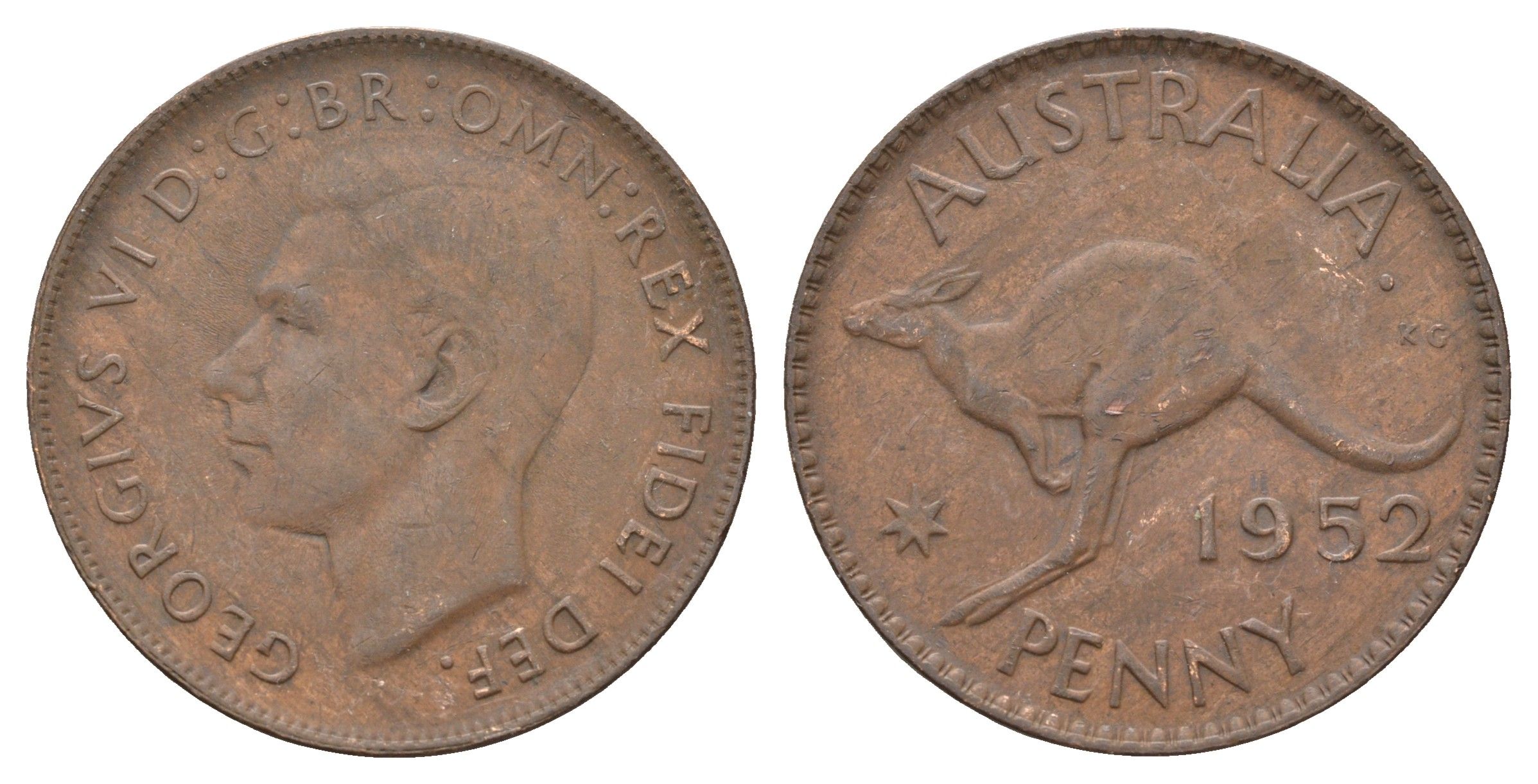 Австралия 1 пенни 1952 Георг VI (1936-1952), кенгуру KM 43 бронза 4672-232