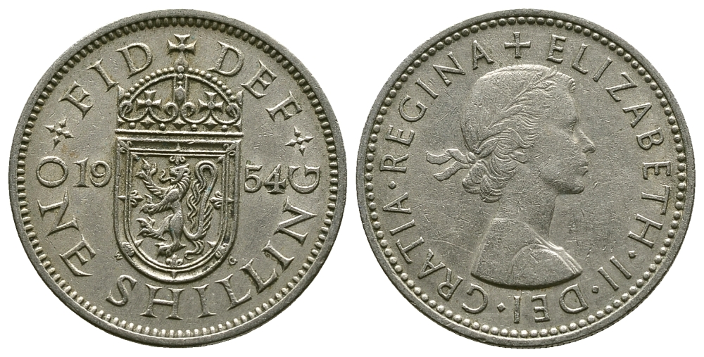 Великобритания 1 шиллинг 1954 Елизавета II (1952-2022), Шотландский герб KM 905, Spink 4148 медно-никель 4384-542