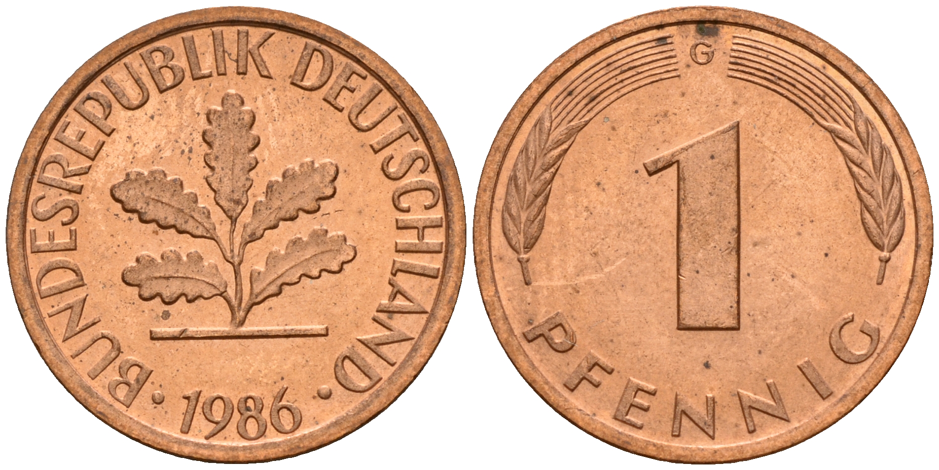 ФРГ 1 пфенниг 1986 G KM 105, J. 380 сталь плакированная медью    4598-639