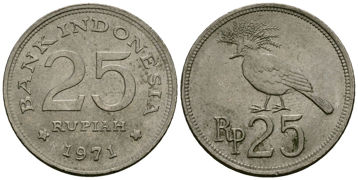 Индонезия 25 рупий 1971 венценосный голубь KM 34 медно-никель 4136-1046
