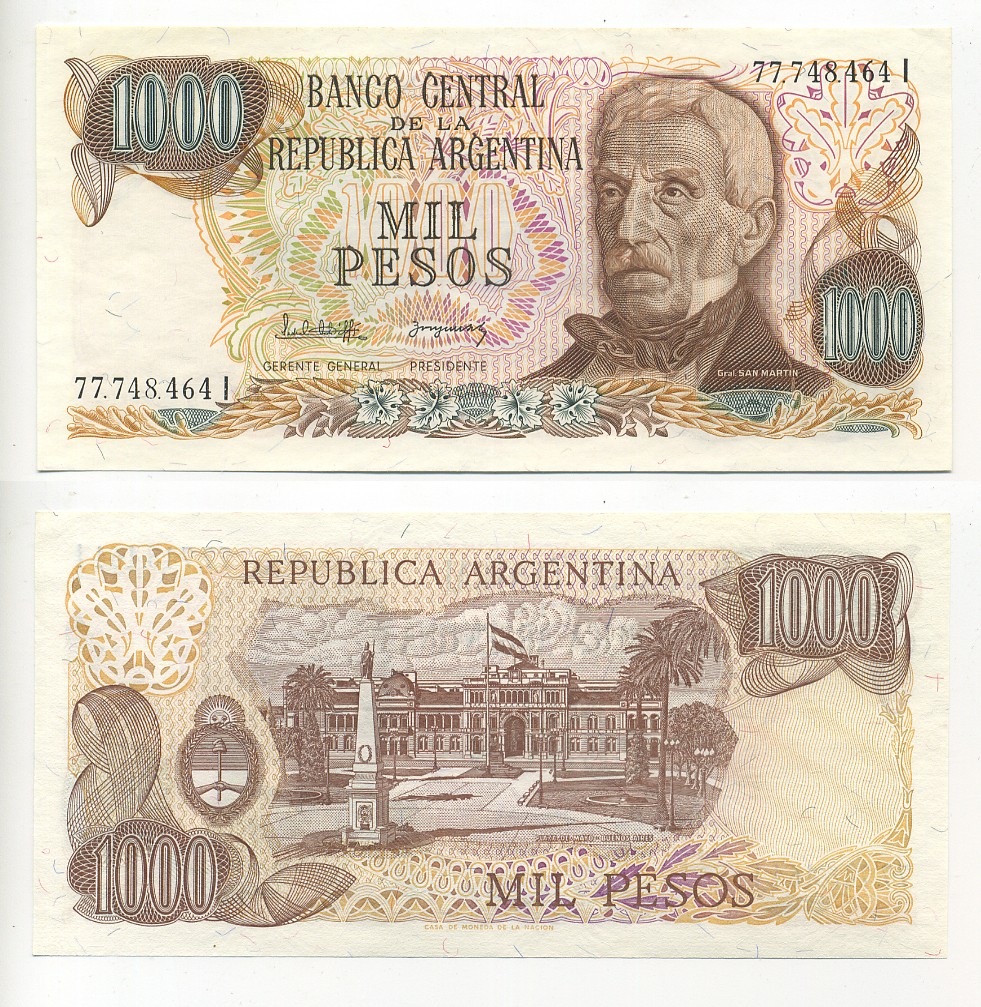 Аргентина 1000 песо 1982 серия I 77548, Генерал Сан Мартин Pick 304d бумага UNC (пресс) 6317-2-2