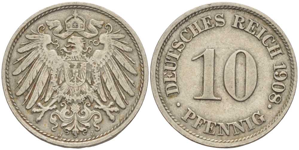 ГЕРМАНИЯ 10 ПФЕННИГОВ 1908 J KM 12, J. 13 медно-никель 31-546