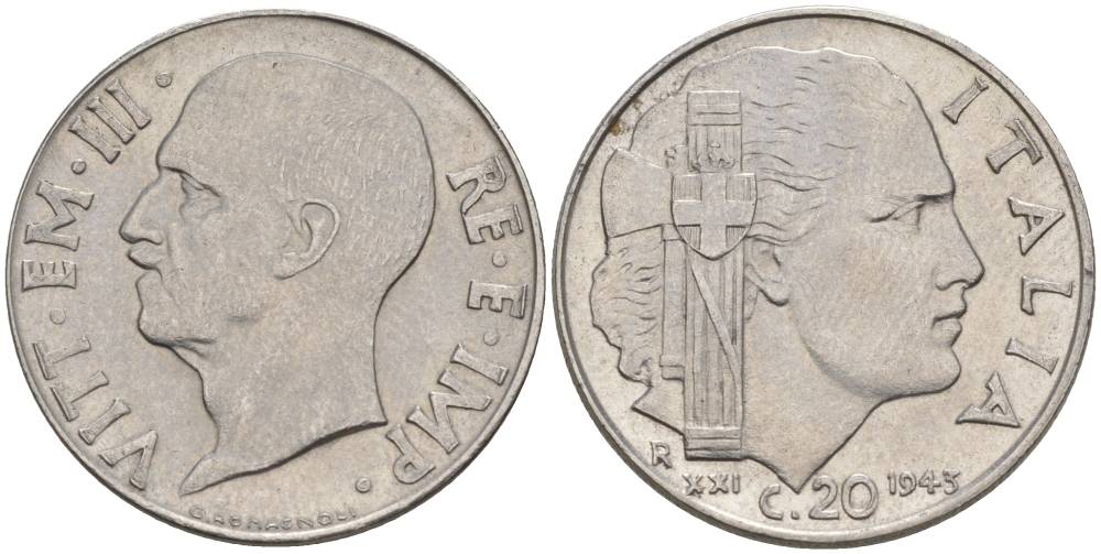 Италия 20 чентезимо 1943 R, Виктор Эммануил III (1900-1946), XXI год KM 75b, VEM3. 1031 нержавеющая сталь 3853-423
