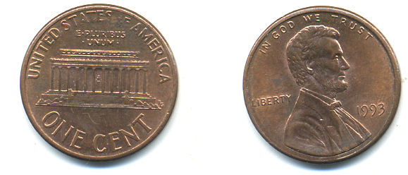 США 1 цент 1993 Авраам Линкольн KM 201b цинк плакированный медью UNC 179-446