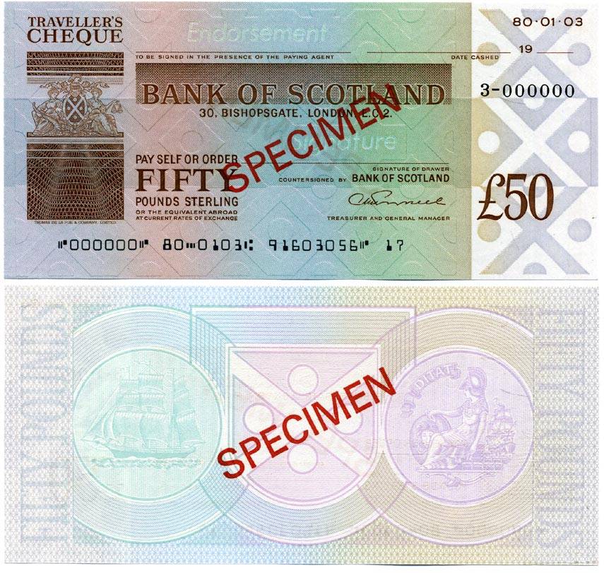 АНГЛИЯ ДОРОЖНЫЙ ЧЕК НА 50 ФУНТОВ БАНКА ШОТЛАНДИИ (ЛОНДОН, BISHOPSGATE 30), SPECIMEN бумага UNC (ПРЕСС) 6280-19-2-2