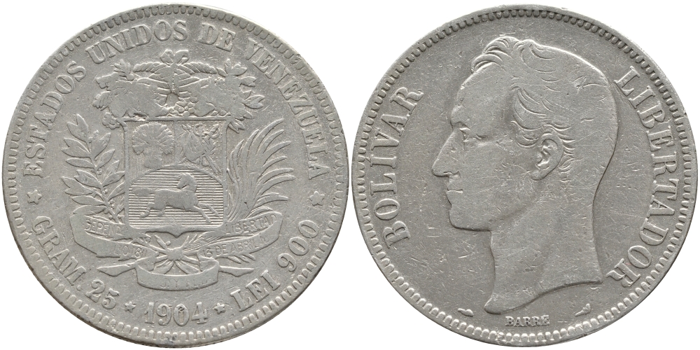 Венесуэла 5 боливаров 1904 Симон Боливар KM 24.2 серебро 1525-1211