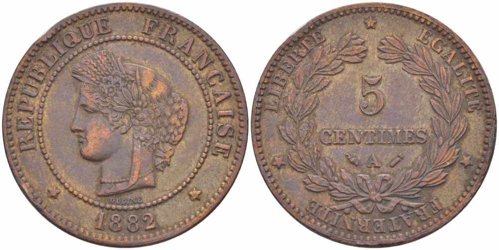 ФРАНЦИЯ 5 САНТИМОВ 1882 А, ТРЕТЬЯ РЕСПУБЛИКА (1871-1940) KM 821.1, LE FRANC 118.24 бронза 108-631