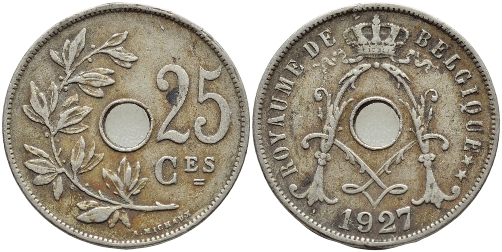 БЕЛЬГИЯ 25 САНТИМОВ 1927 BELGIQUE KM 68.1 медно-никель 4384-822