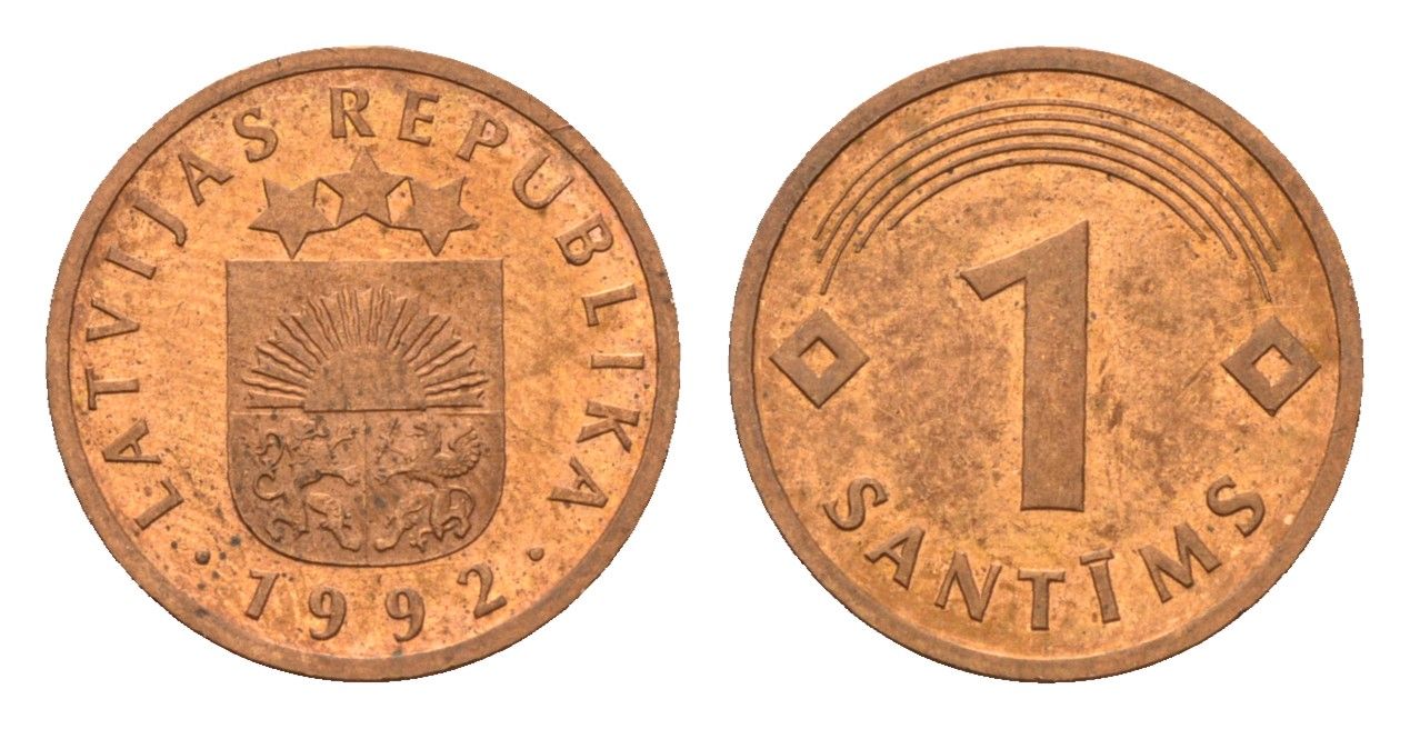 Латвия 1 сантим 1992 KM 15 сталь плакированная медью aUNC 105-444