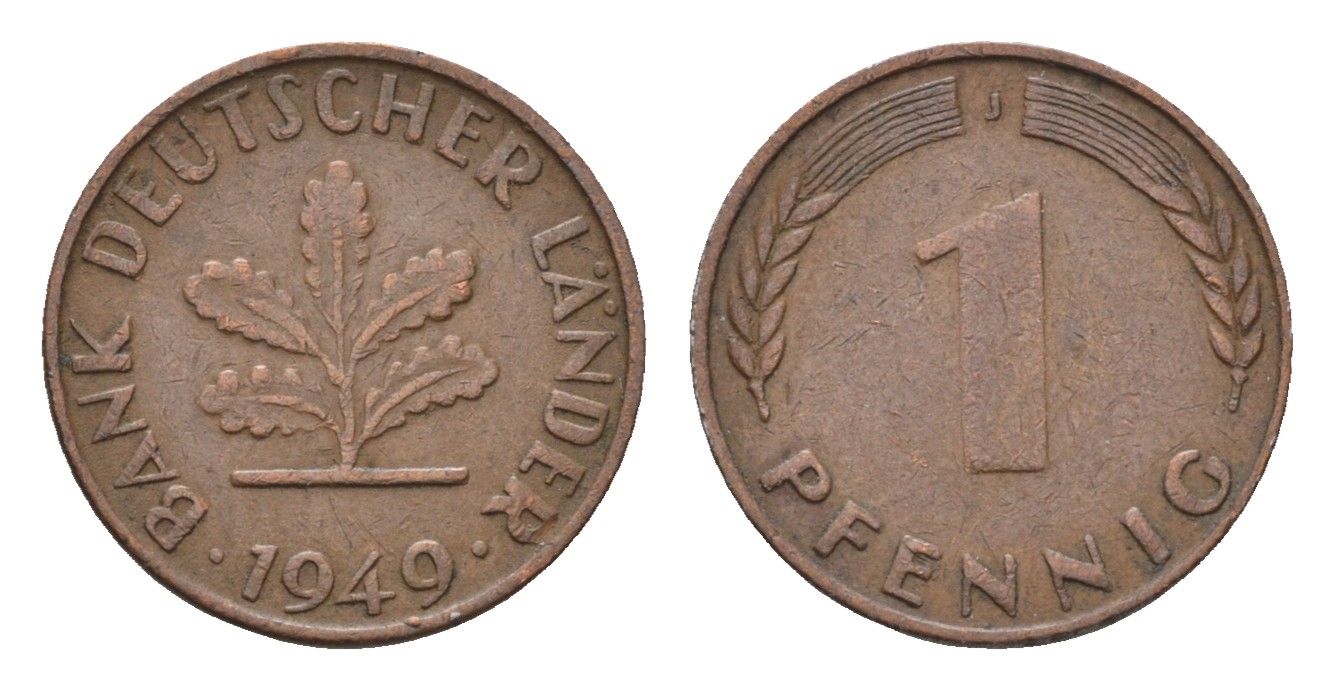 ФРГ 1 пфенниг 1949 J KM A101, J. 376 сталь плакированная медью 4685-357
