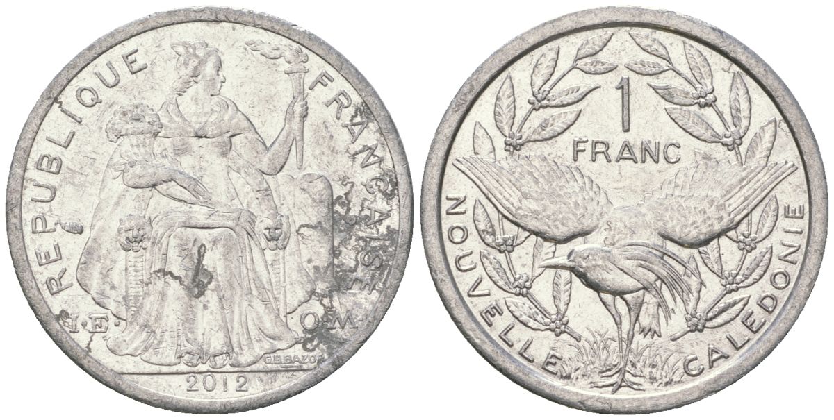Французская Новая Каледония 1 франк 2012 птица кагу, (IEOM) KM 10, Schoen 10 алюминий 31-227