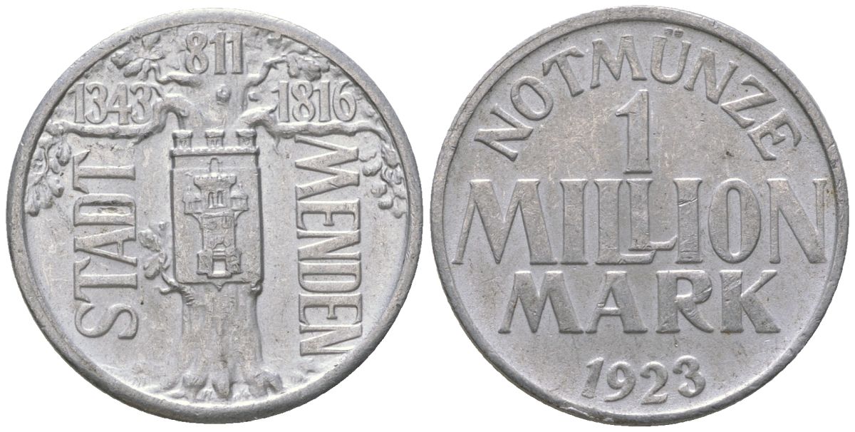 Менден (Пруссия, Вестфалия) 1000000 марок 1923 Funck 639.1A, Men18 20806.12, Men18 20806.13 алюминий 4610-337