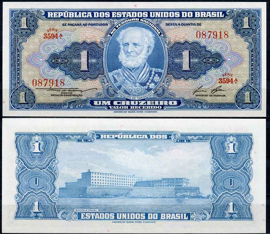 Бразилия 1 крузейро ND (1954-1958) серия 3594 A, Жуакин Маркес Лисбон Pick 150 c бумага UNC (пресс) 2196-40-2-1