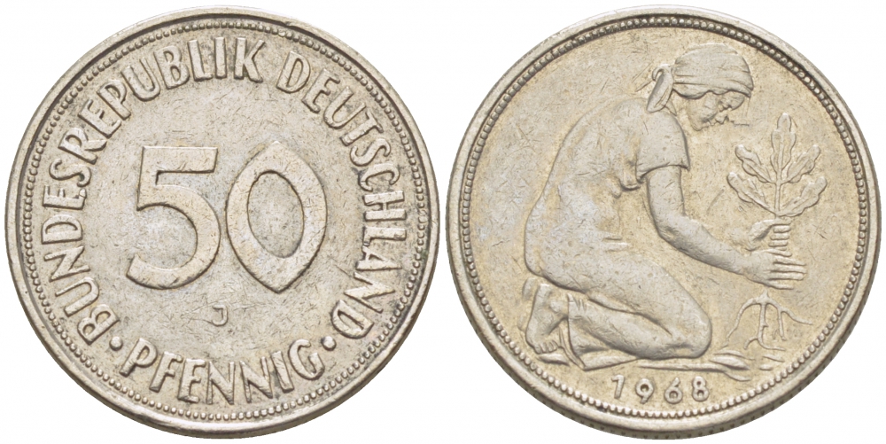 ФРГ 50 ПФЕННИГОВ 1968 J, KM 109.1, J. 384 медно-никель 4396-1664