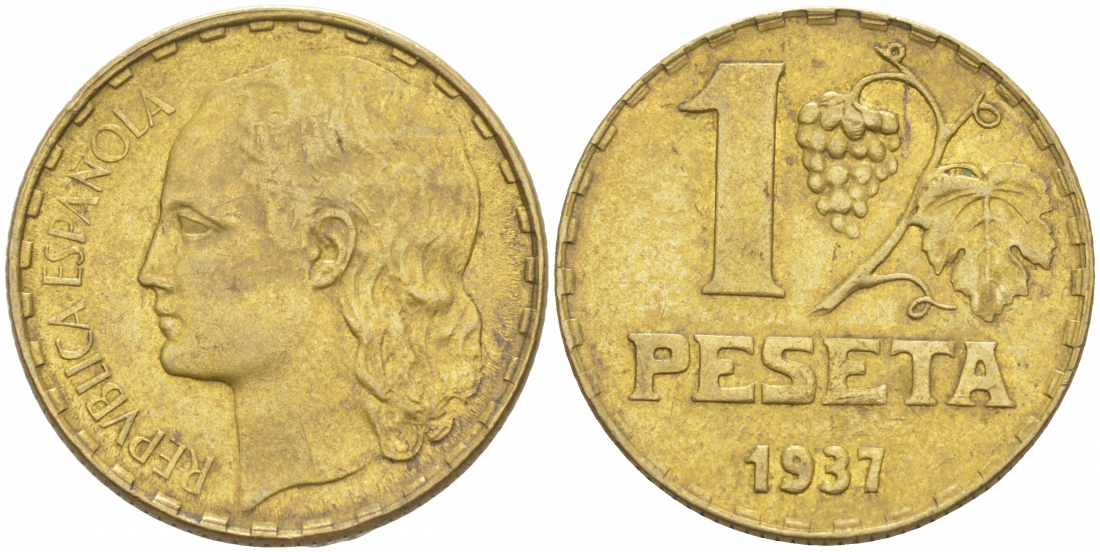 ИСПАНИЯ 1 ПЕСЕТА 1937 ВТОРАЯ РЕСПУБЛИКА (1931-1939) KM 755 латунь 186-141
