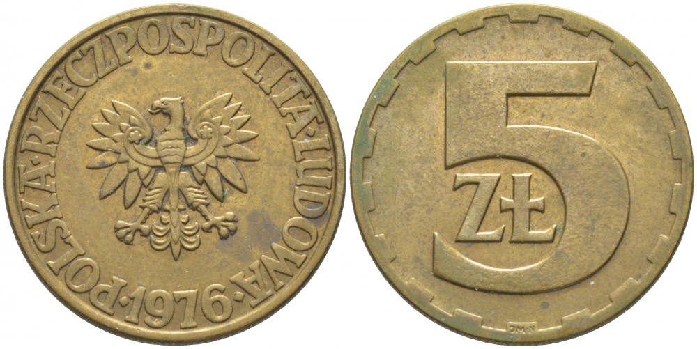 Польша 5 злотых 1976 монетный двор Ленинград (ЛМД) KM 81.1, Parchimowicz 221b латунь 3856-1114