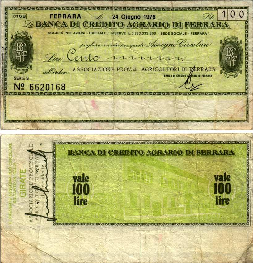 Италия 100 лир 1976 24 июня 1976, Banca Di credito agrario Di ferrara бумага 7222-75-2-2