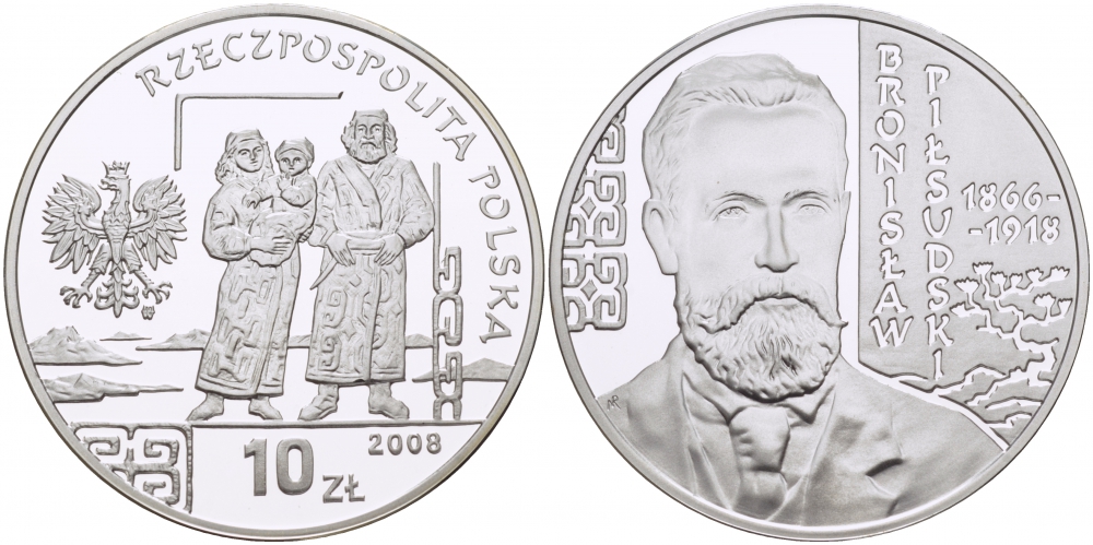 Польша 10 злотых 2008 серия польские путешественники, Бронислав Пилсудский (1866-1918) KM 649 серебро PROOF 1096-3-53