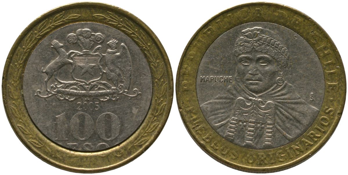 Чили 100 песо 2005 So KM 236, Schon 84 биметалл 4543-1256
