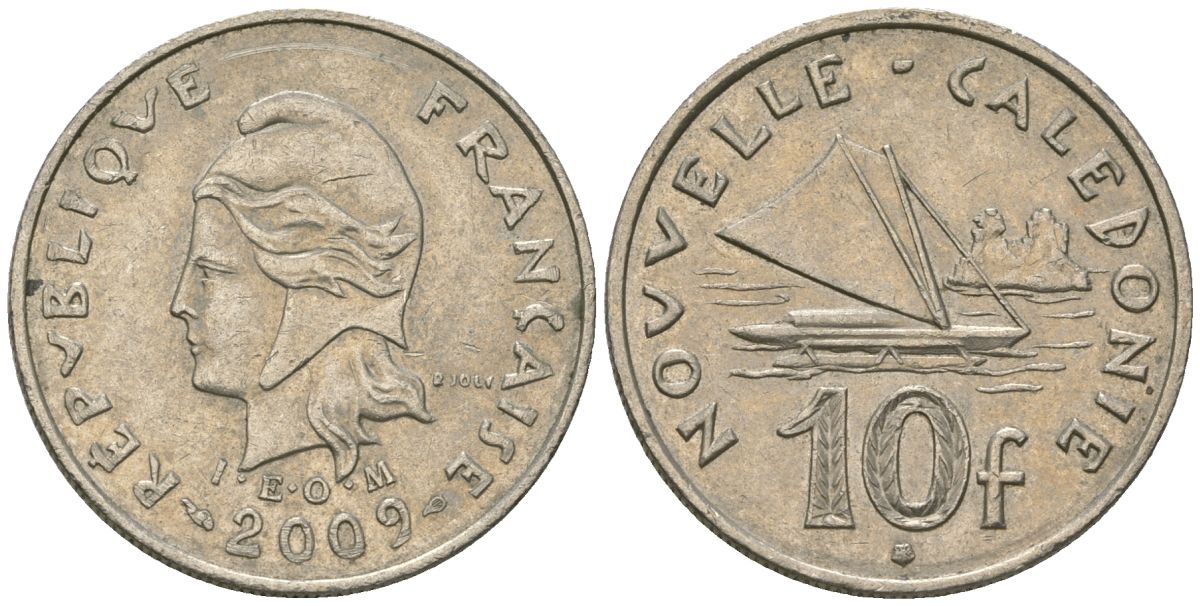 Французская Новая Каледония 10 франков 2009 рыбачья парусная лодка, (IEOM) KM 11a, Schoen 13a, Lec 99k медно-никель 61-1115