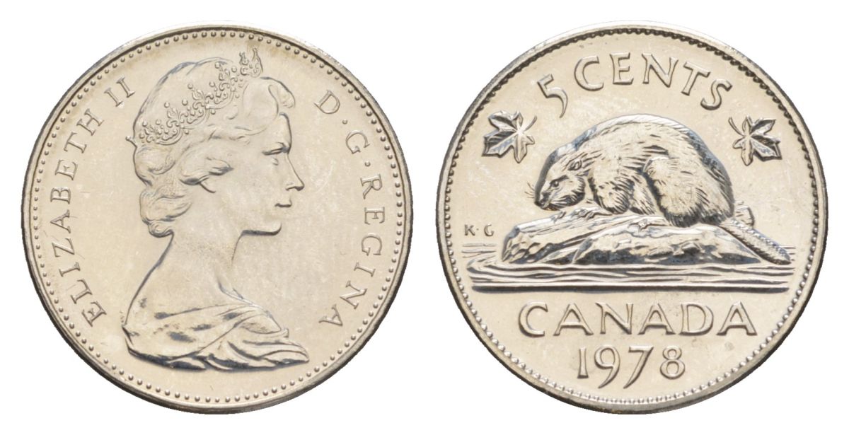Канада 5 центов 1978 Елизавета II (1952-2022), бобр KM 60.1 никель PROOF-LIKE (BU) 4630-951