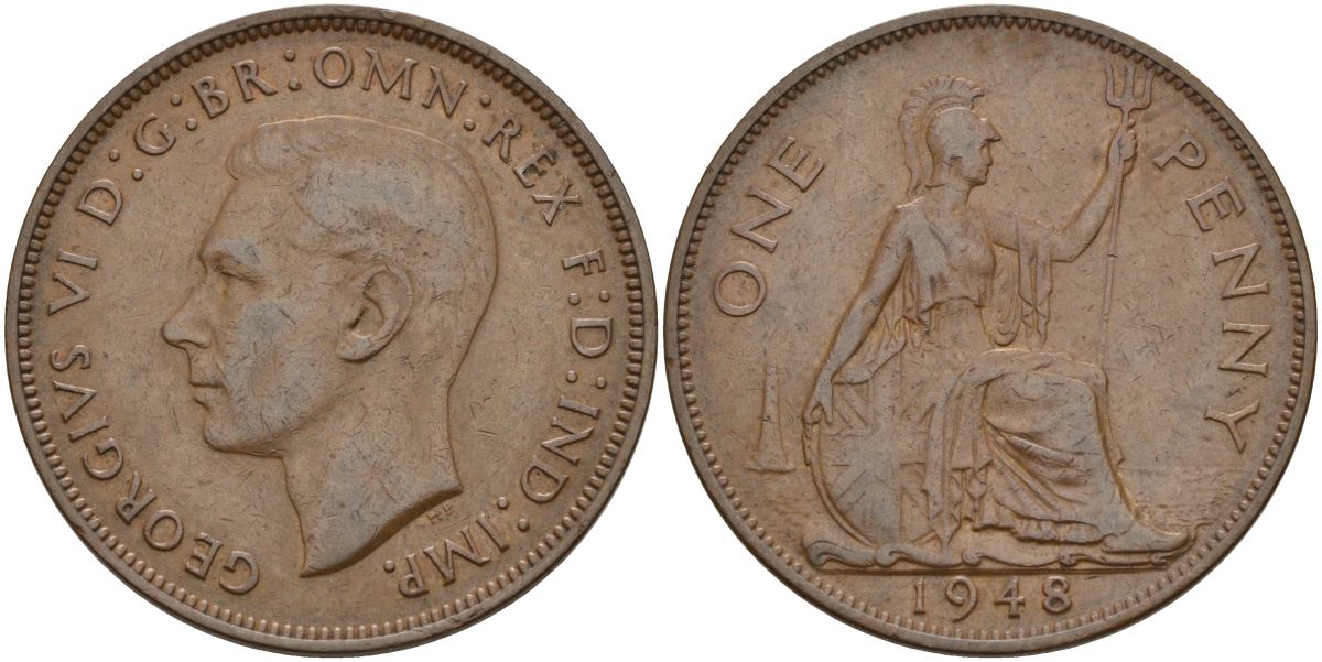 Великобритания 1 пенни 1948 Георг VI (1936-1952) KM 845, Spink 4114 бронза 4149-813
