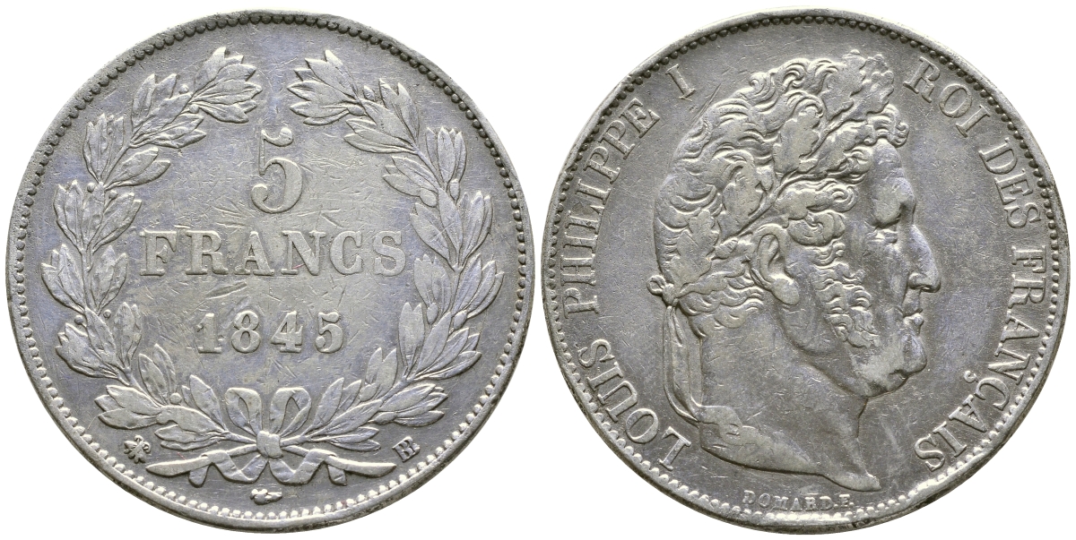 Франция 5 франков 1845 BB, Луи Филипп I (1830-1848) KM 749.3 серебро 00-00