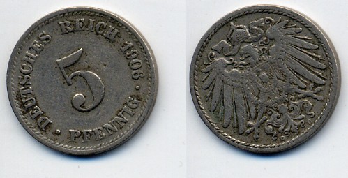 ГЕРМАНИЯ 5 ПФЕННИГОВ 1906 A, KM 11, J. 12 медно-никель 76-217