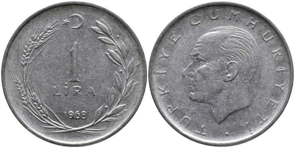 Турция 1 лира 1968 Мустафа Кемаль Ататюрк KM 889а.2 нержавеющая сталь 4538-833