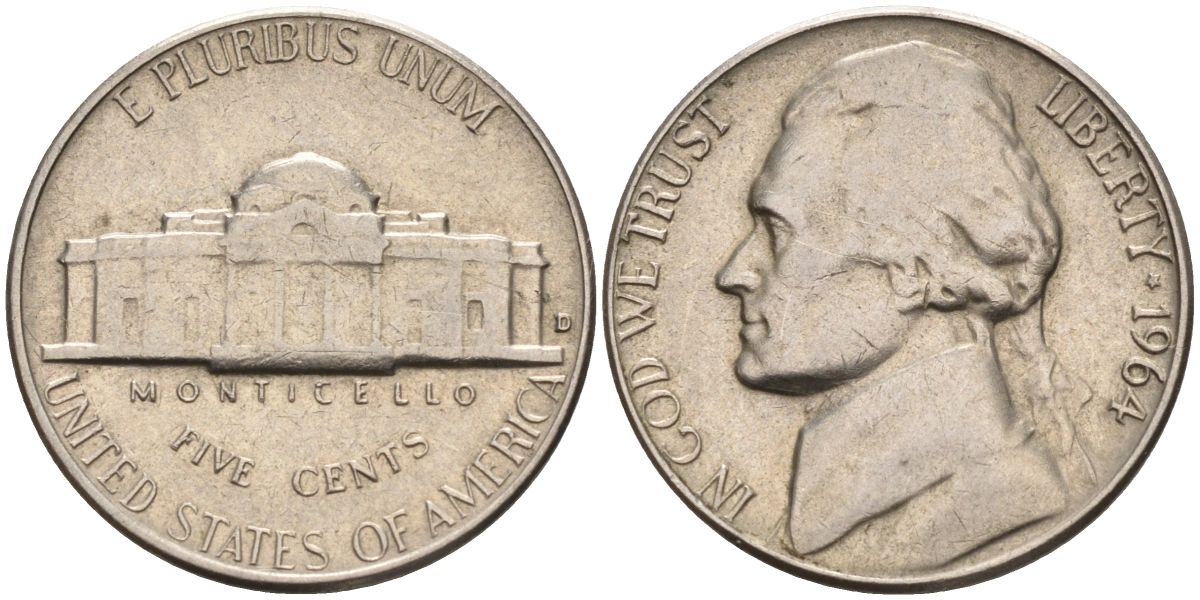 США 5 центов 1964 Джефферсон KM А192 медно-никель 4592-855