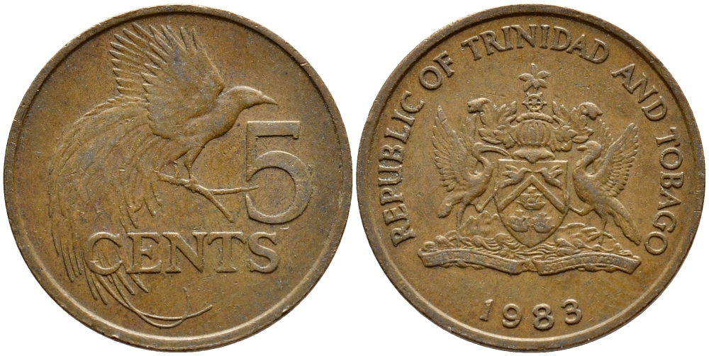 Тринидад и Тобаго 5 центов 1983 райская птица KM 30 бронза 4398-136