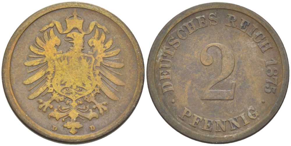 ГЕРМАНИЯ 2 ПФЕННИГА 1875 D, СТАРОГЕРБОВКА KM 2, J. 2, Weege 3 медь 212-551