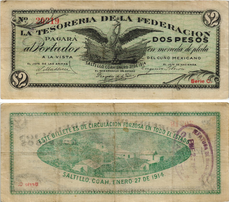 Мексика, Революция 2 песо 1914 Салтильо, штат Коауила, Федеральное казначейство Pick S646 бумага 451-410-1