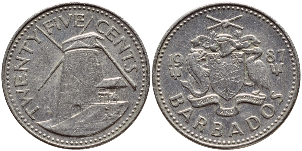 Барбадос 25 центов 1987 ветряная мельница Моргана Льюиса KM 13 медно-никель 4398-423